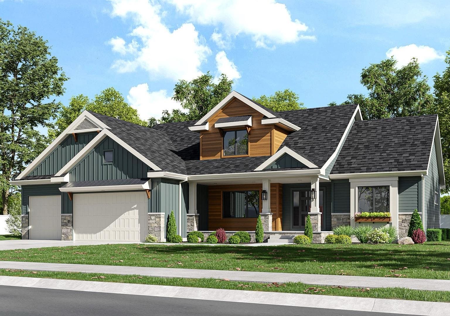 Front elevation of 2762 Mayo Prairie Lane, a 2024 custom-built transitional Craftsman with dark forest-green board-and-batten siding, cedar gable accent, stone footing, and a three-car attached garage in Mayowood, Rochester, Minnesota